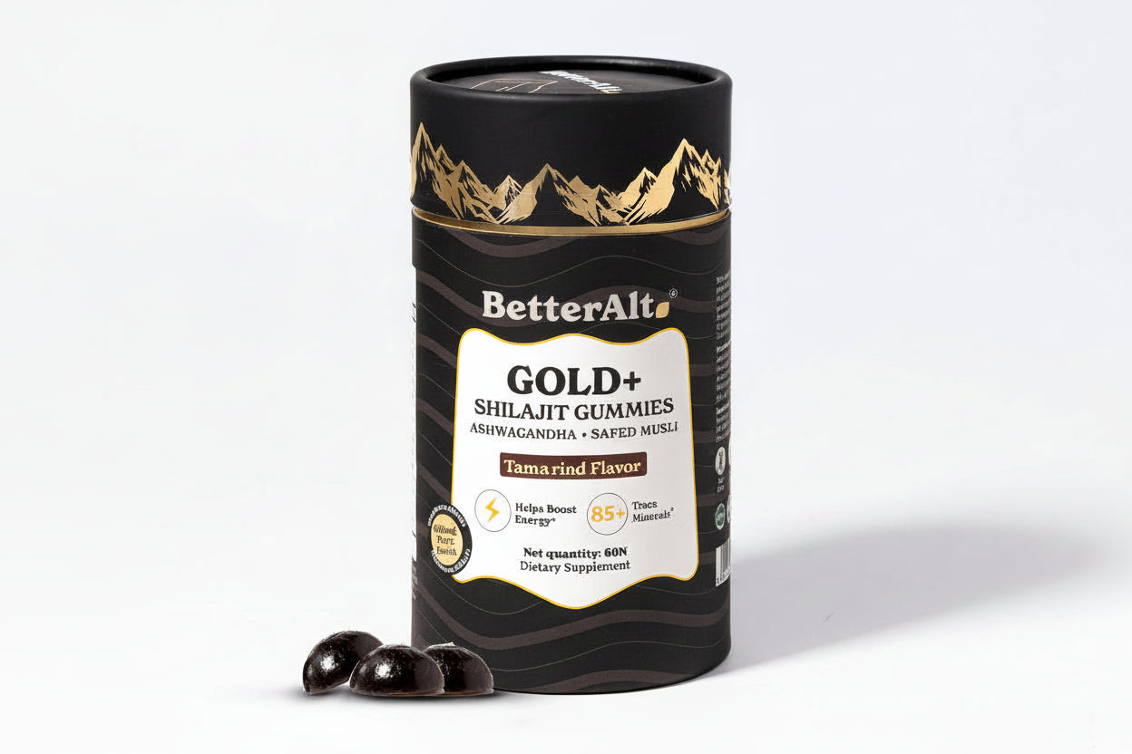 Black cylindrical container of BetterAlt Gold+ Shilajit Gummies on a white background