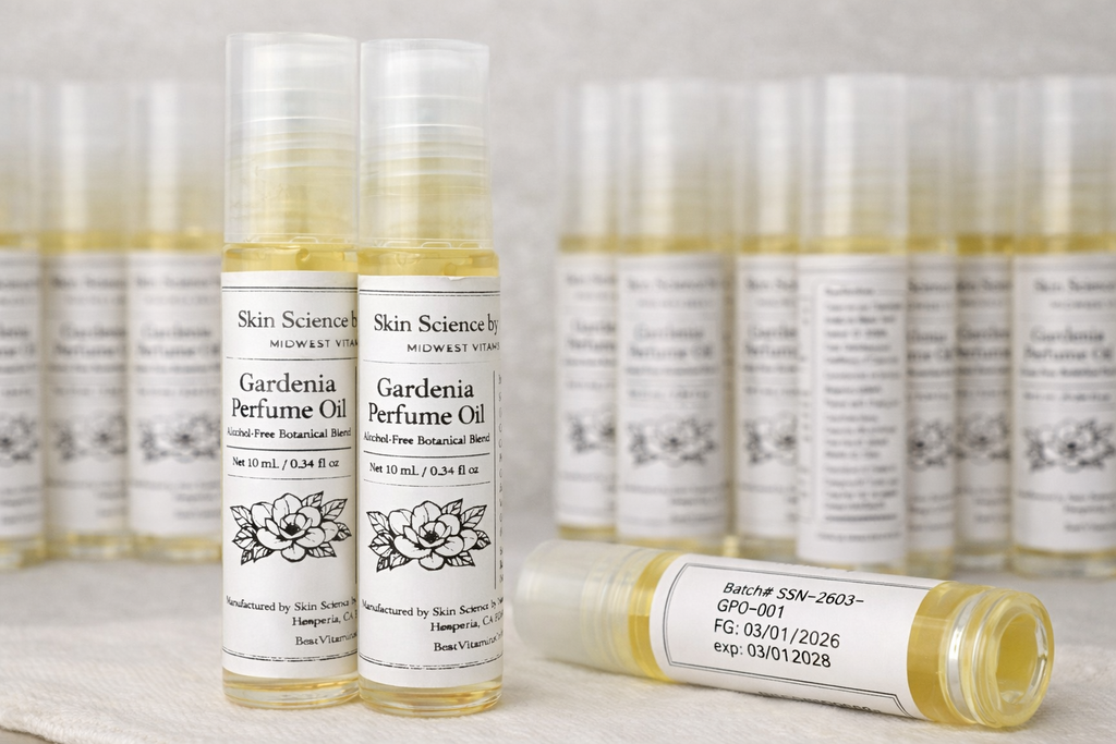 Bottle of Skin Science Gardenia Perfume Oil with labels on a light background