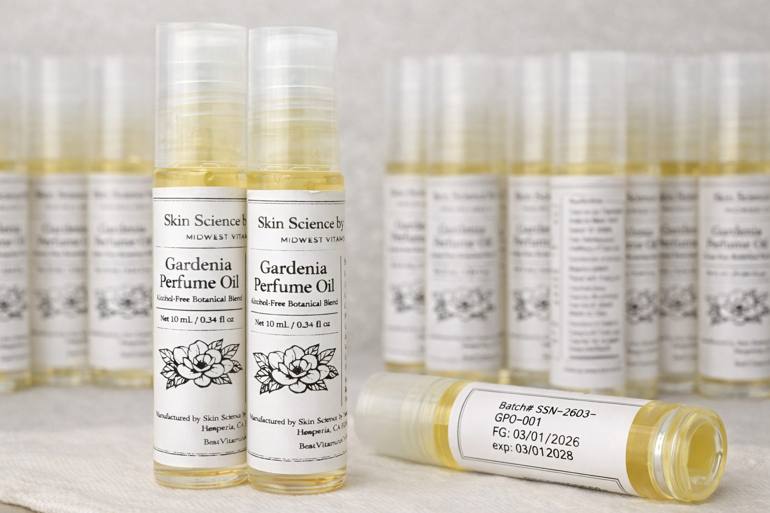 Bottle of Skin Science Gardenia Perfume Oil with labels on a light background