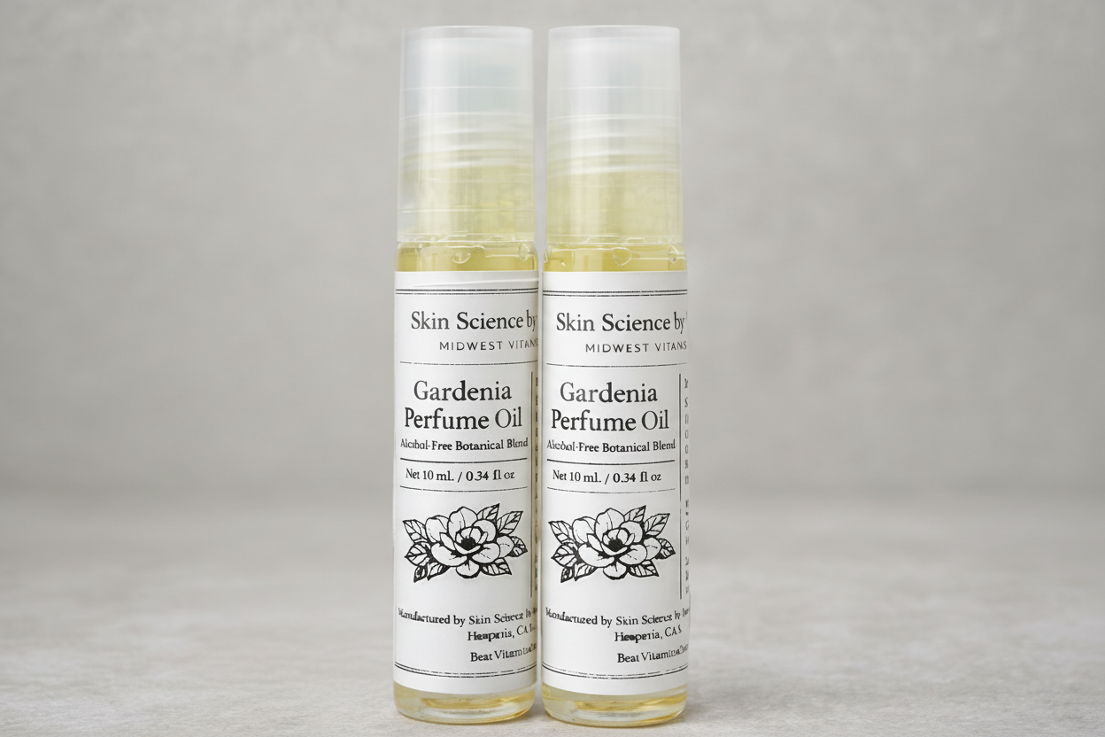 Bottles of Skin Science by Mwylte Gardenia Perfume Oil with a gardenia flower on a light background