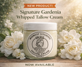 Jar of Midwest Vitamins Signature Gardenia Whipped Tallow Cream with flowers in the background