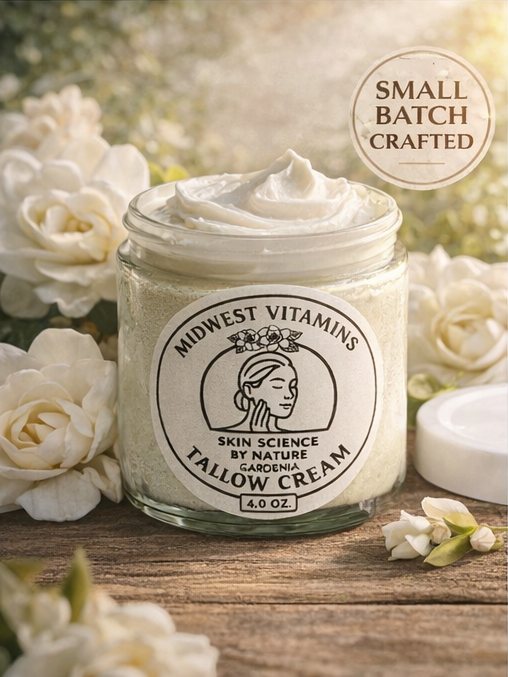 Jar of Tallow Cream with 'Midwest Vitamins' label on a wooden surface with flowers in the background