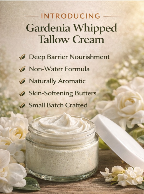 Gardenia Whipped Tallow Cream jar with whipped cream on a wooden surface surrounded by white flowers.