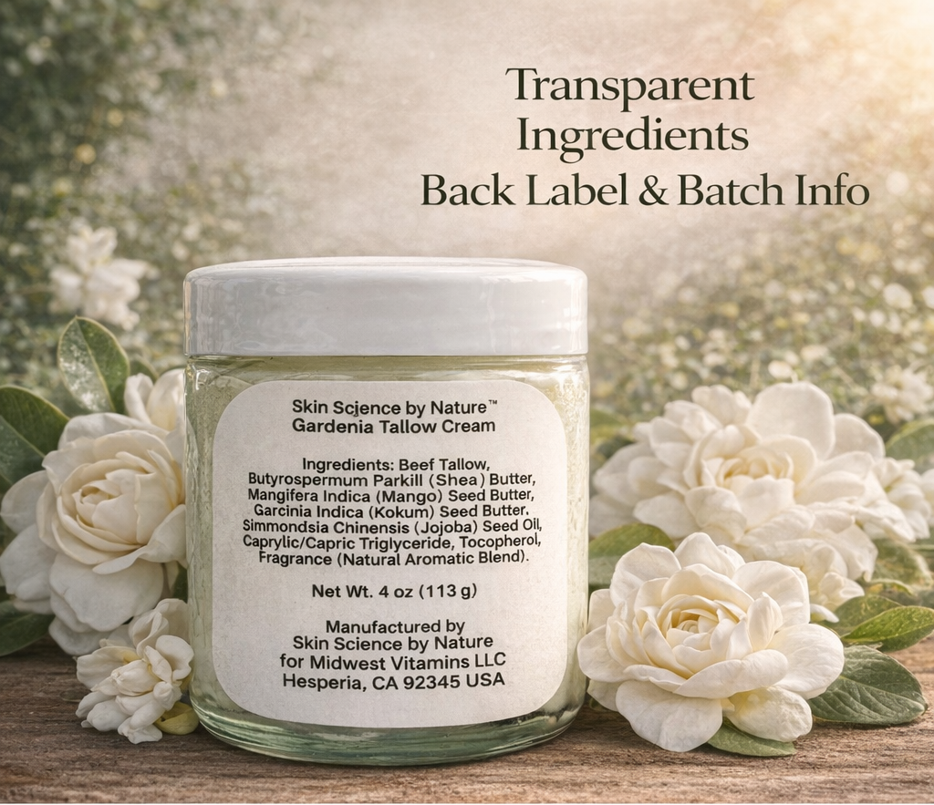 Jar of Skin Science by Nature Gardenia Tallow Cream with ingredients list on a floral background