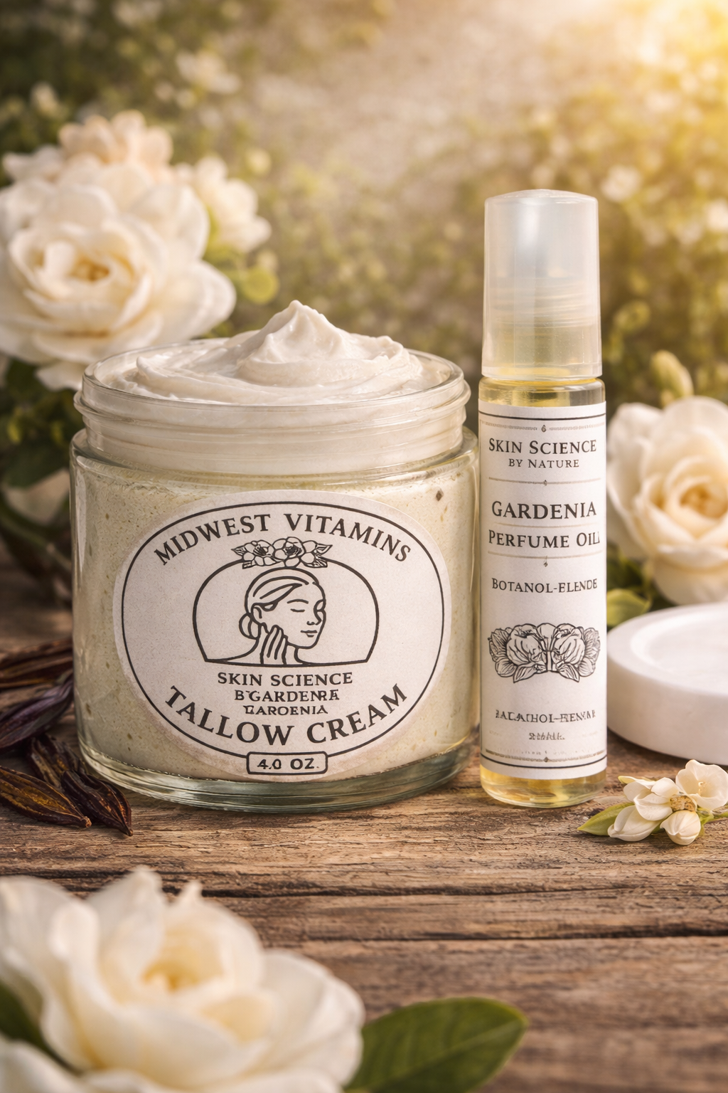 Jar of Midwest Vitamins Tallow Cream and bottle of Gardena Perfume Oil on a wooden surface with flowers in the background.