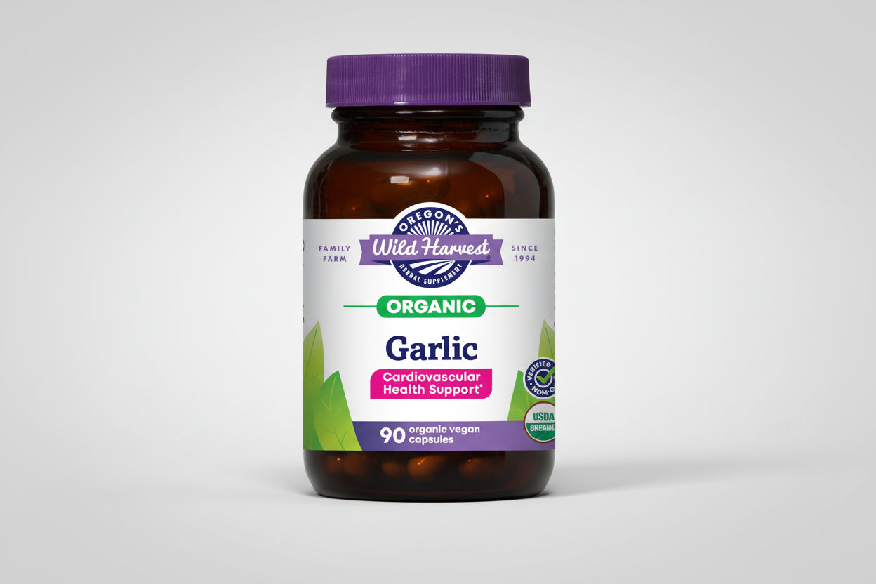 Oregon's Wild Harvest Garlic supplement bottle with purple cap and label.
