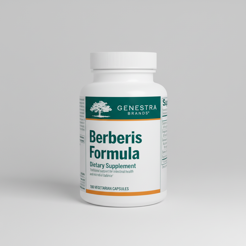 Supplement bottle labeled 'Berberis Formula' by Genestra Brands on a white background