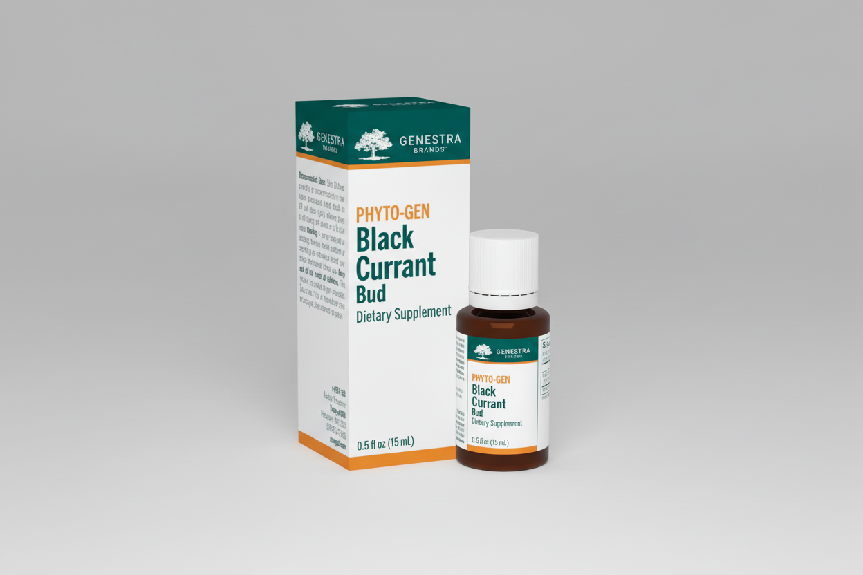 Genestra Black Currant Bud dietary supplement bottle and packaging on a white background
