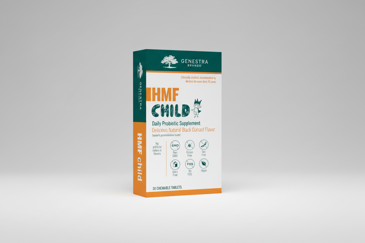 Genestra Brand HMF Child Daily Probiotic Supplement packaging on a white background