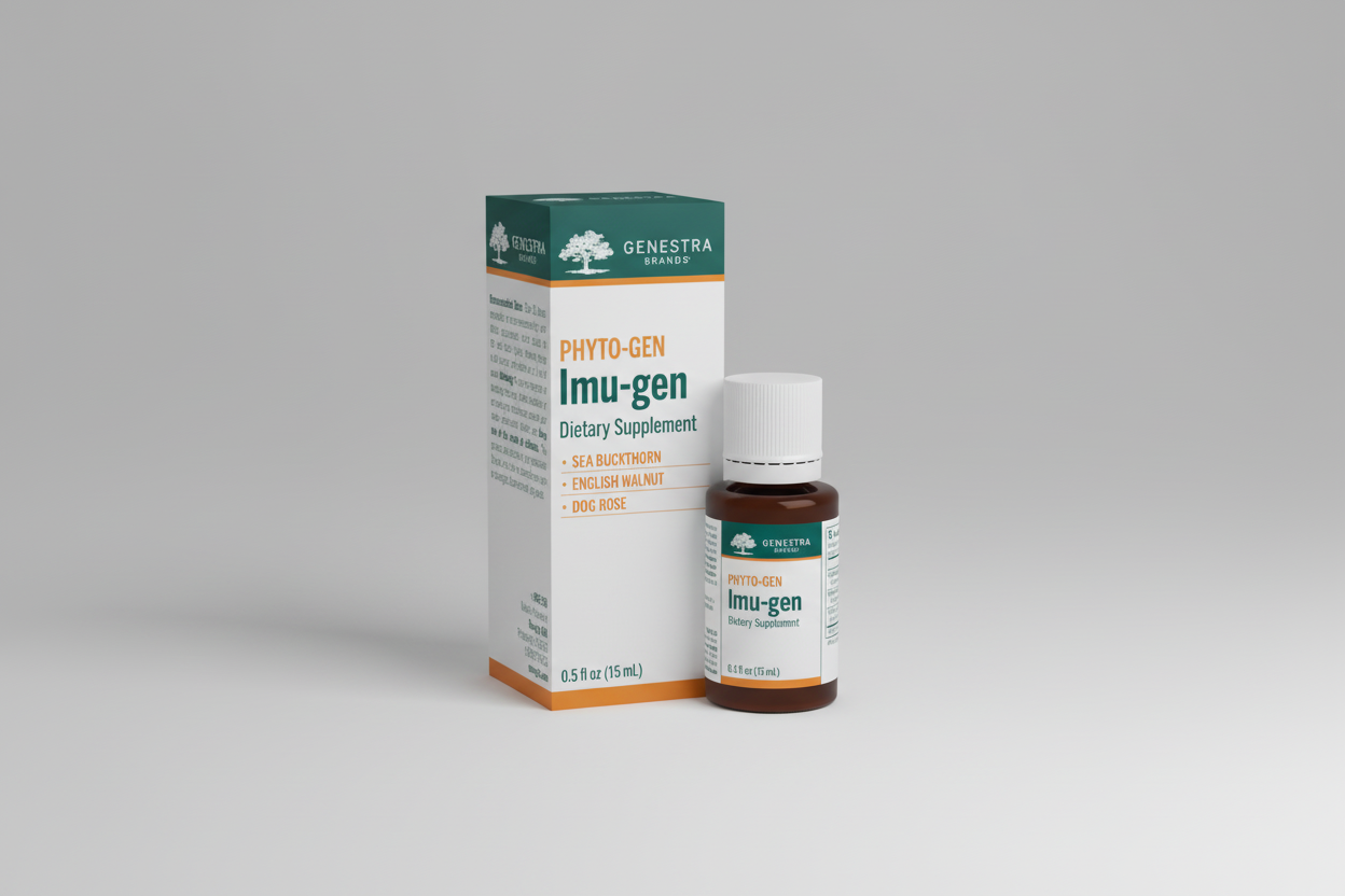 Genestra Phyto-Gen Acn-gen dietary supplement bottle and packaging on a white background