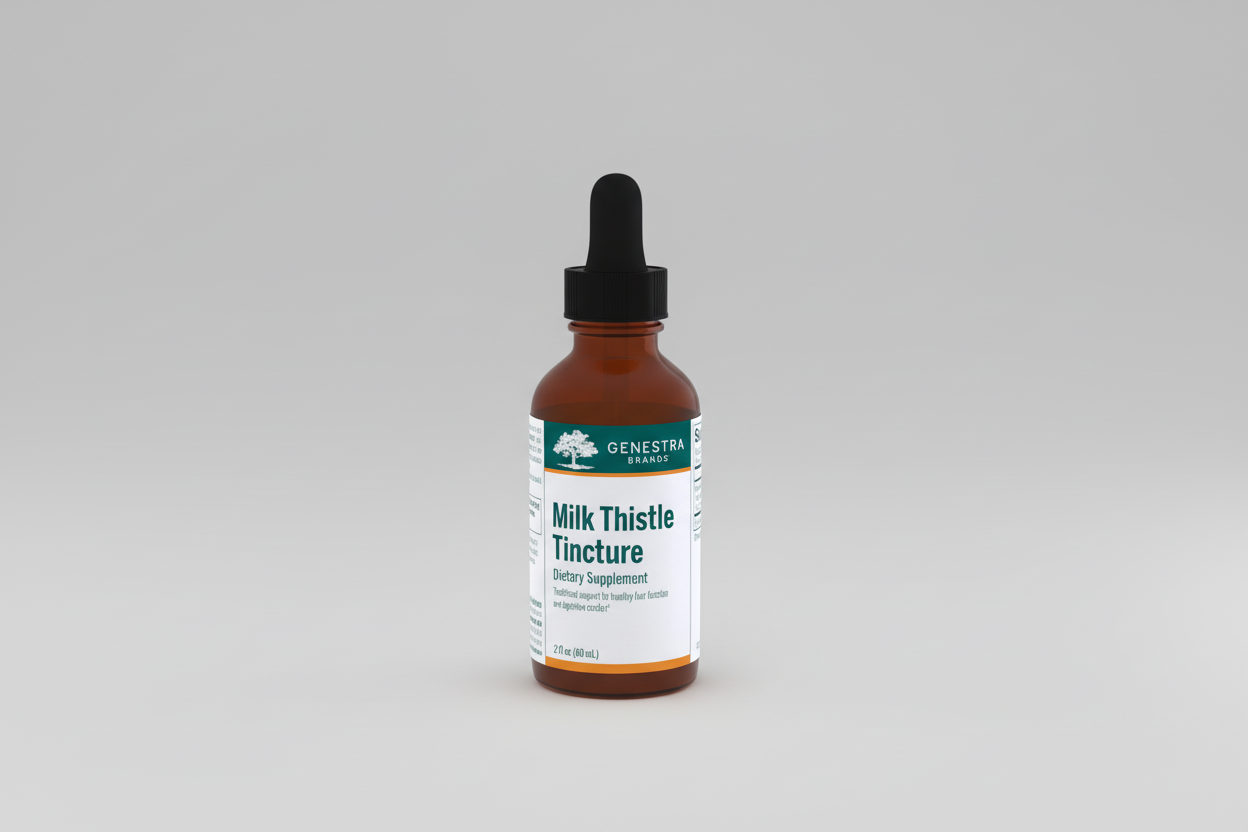Bottle of Genestra Milk Thistle Tincture on a white background