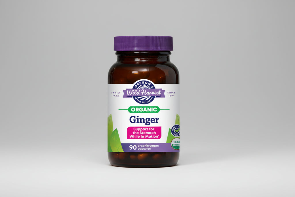 Oregon's Wild Harvest Organic Ginger supplement bottle with purple cap