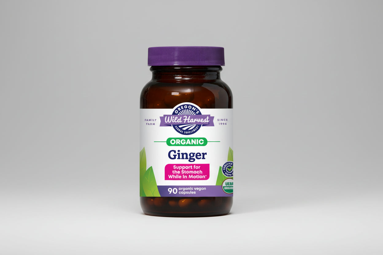 Oregon's Wild Harvest Organic Ginger supplement bottle with purple cap
