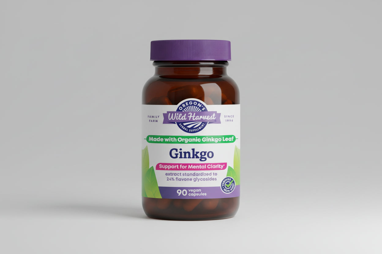 Oregon's Wild Harvest Ginkgo supplement bottle with purple cap and label.