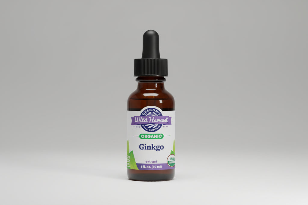 Bottle of Oregon's Wild Harvest Organic Ginkgo extract on a white background