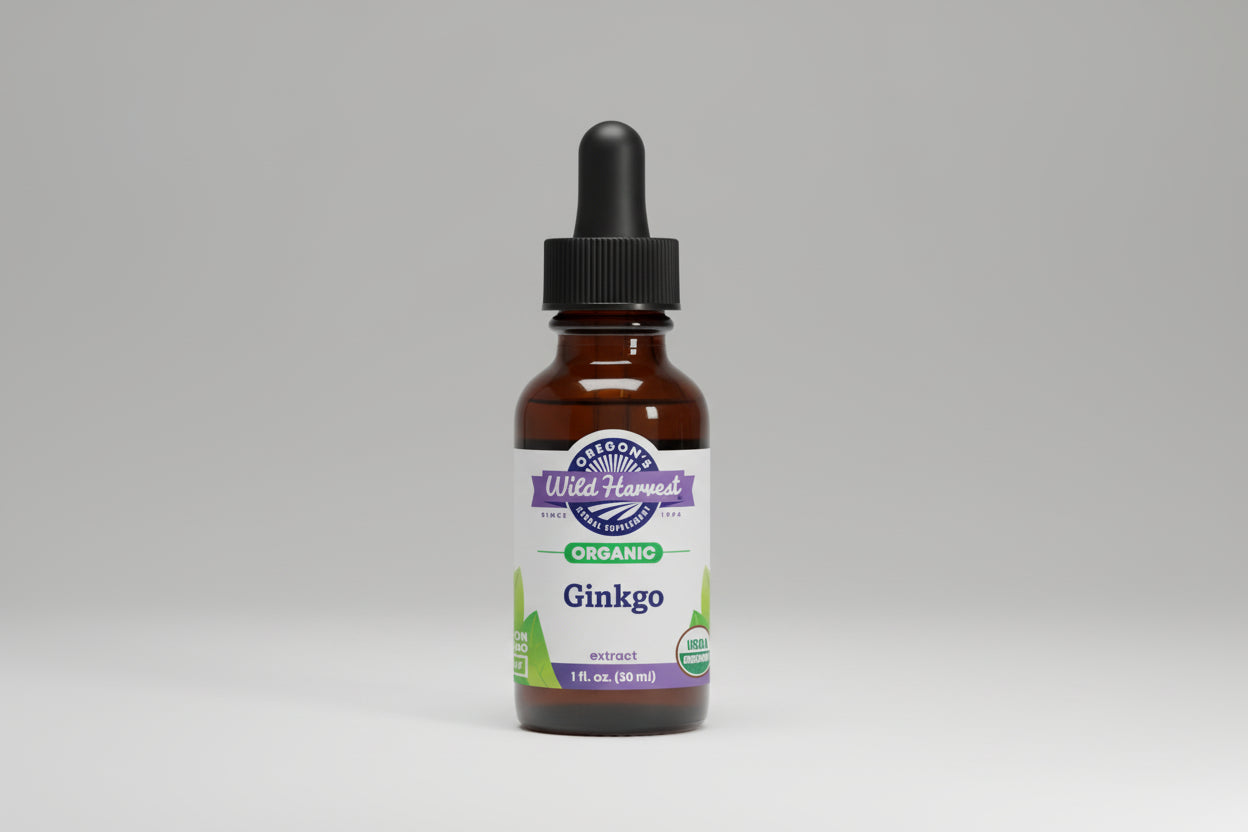 Bottle of Oregon's Wild Harvest Organic Ginkgo extract on a white background