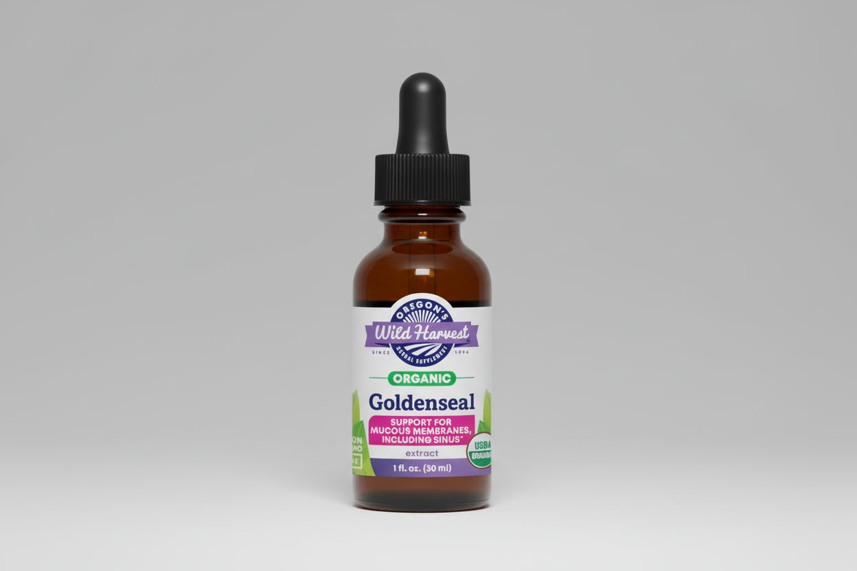 Bottle of Oregon's Wild Harvest Goldenseal extract on a white background