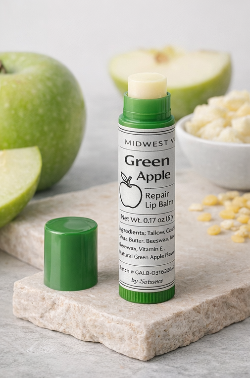 Green apple lip balm with packaging on a stone surface with apples and seeds in the background