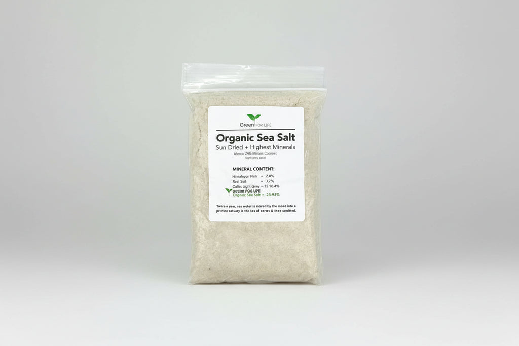 Bag of organic sea salt with a label on a white background