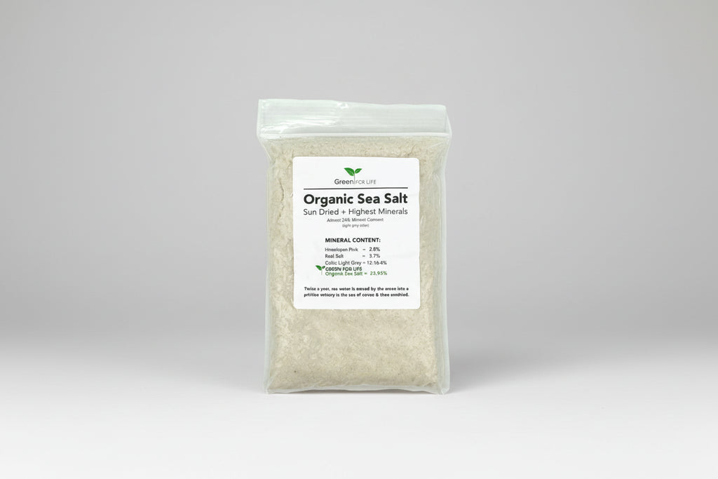 Bag of organic sea salt with a label on a white background
