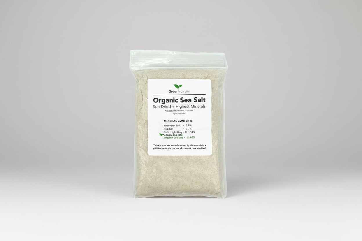 Bag of organic sea salt with a label on a white background