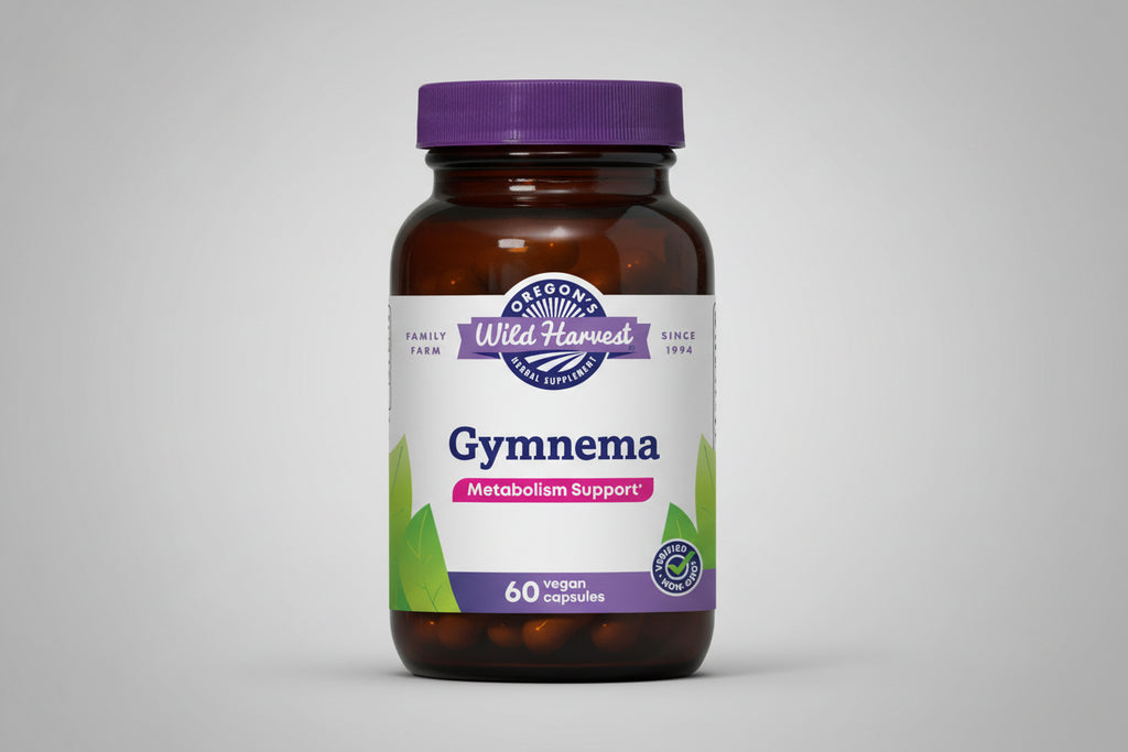 Oregon's Wild Harvest Gymnema supplement bottle with purple cap and label.