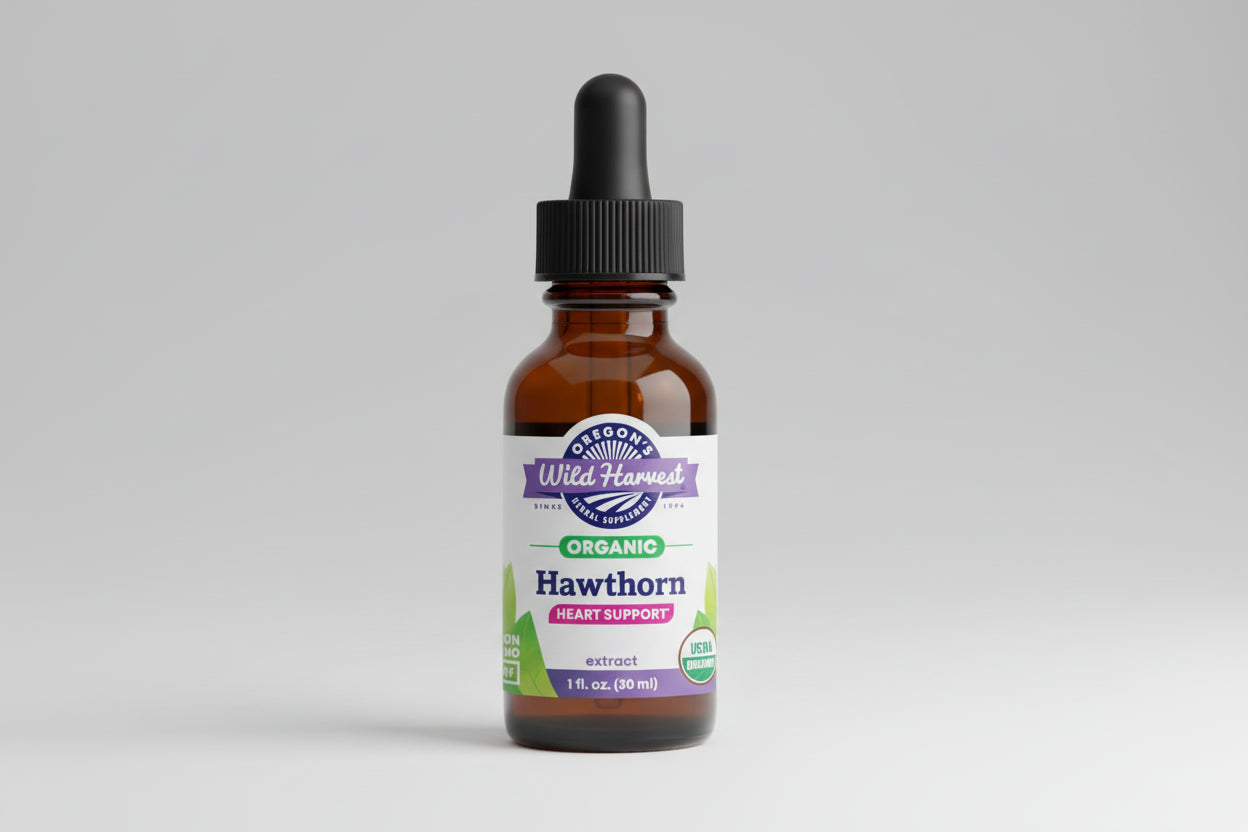Bottle of Oregon's Wild Harvest Hawthorn extract on a white background