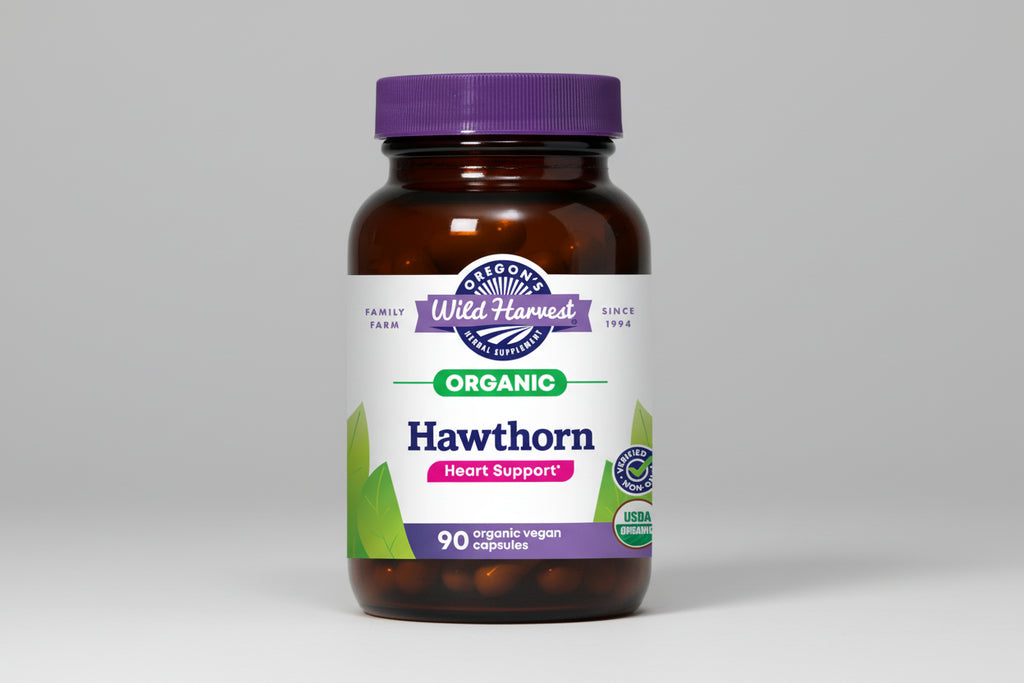 Oregon's Wild Harvest Organic Hawthorn supplement bottle with purple cap
