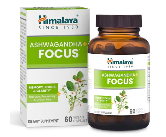 Himalaya Ashwagandha + Focus supplement bottle and packaging on a white background
