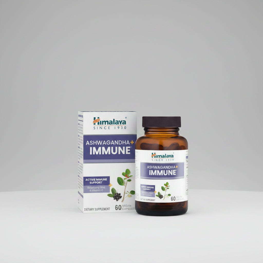 Himalaya Ashwagandha+ Immune supplement bottle and packaging on a white background