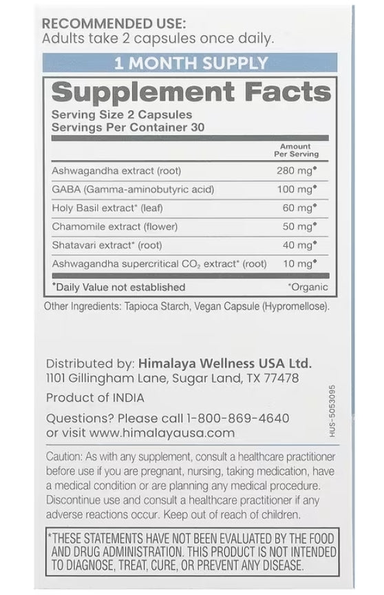Supplement label with ingredients and distribution information for Himalaya Wellness USA Ltd.