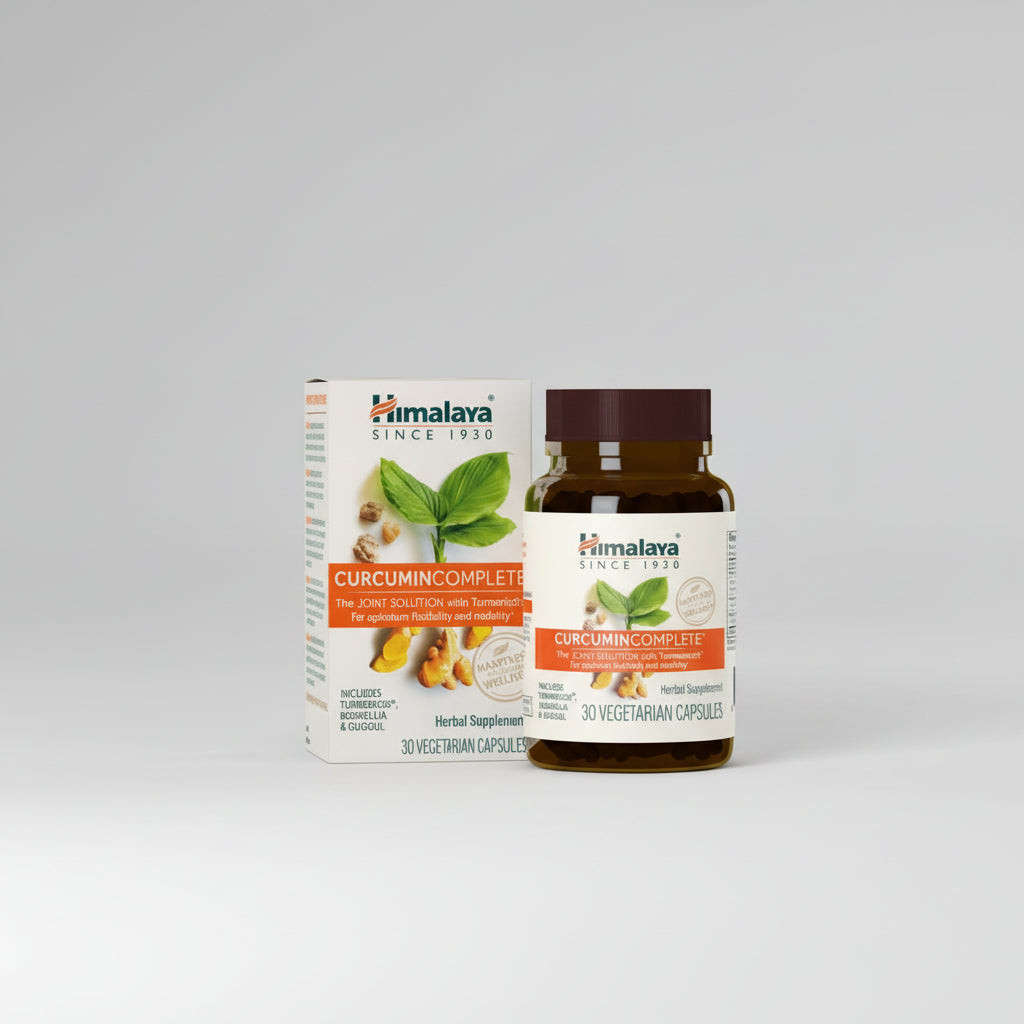 Himalaya Curcumin supplement bottle and packaging on a light gray background
