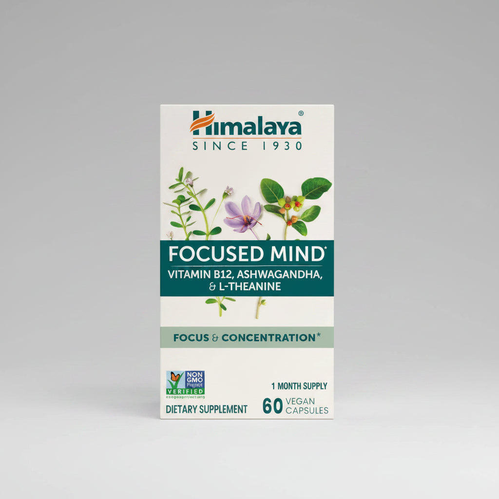 Himalaya Focused Mind supplement box with herbs on a white background