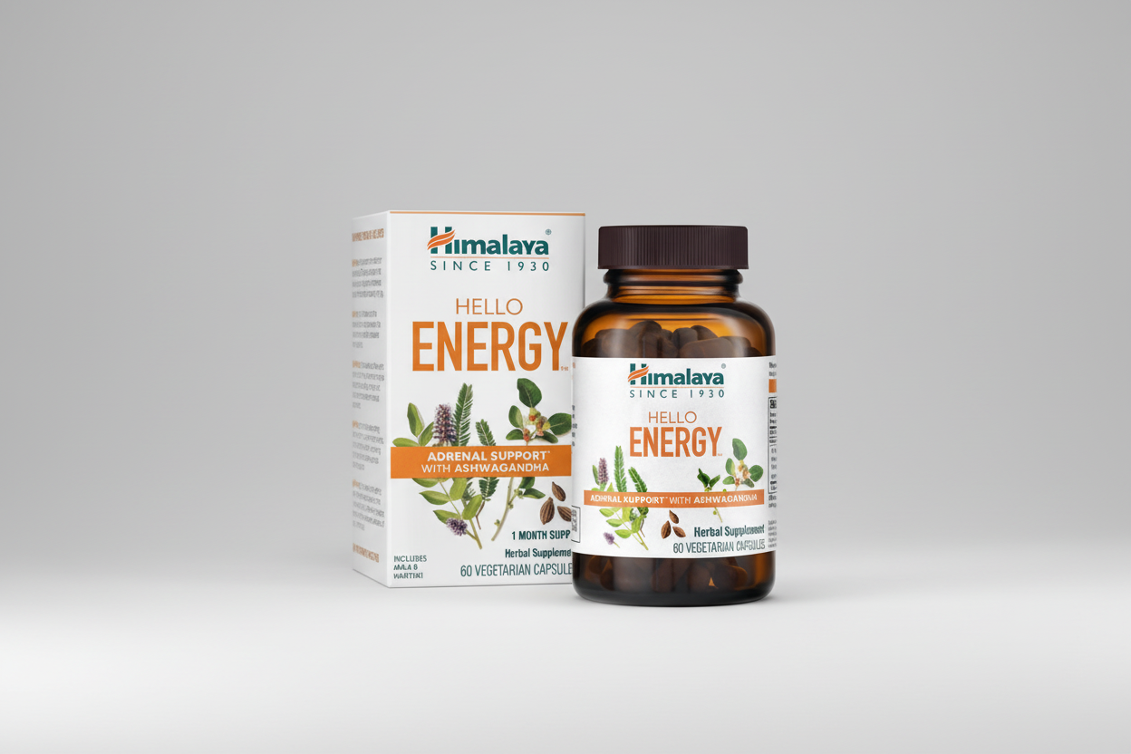 Himalaya Hello Energy supplement bottle and packaging on a white background