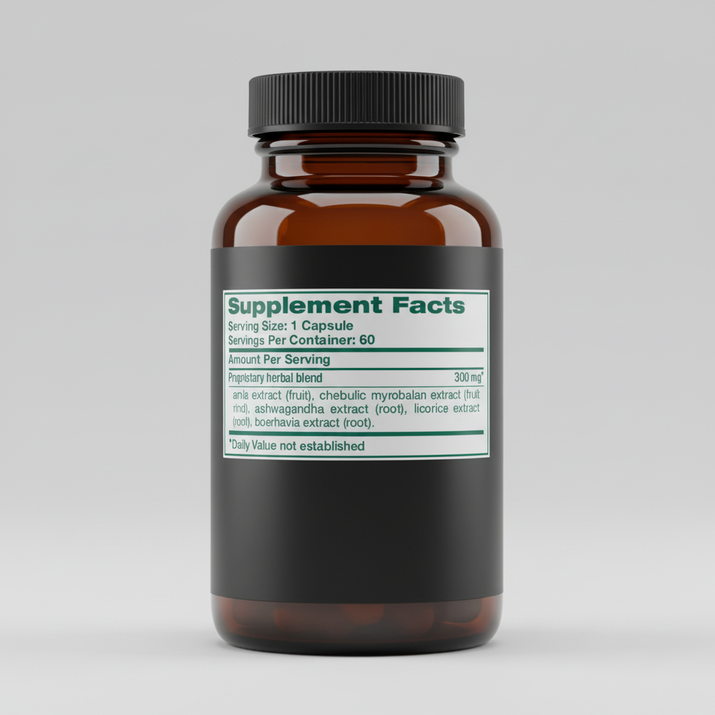 Supplement facts label with herbal blend ingredients on a green background