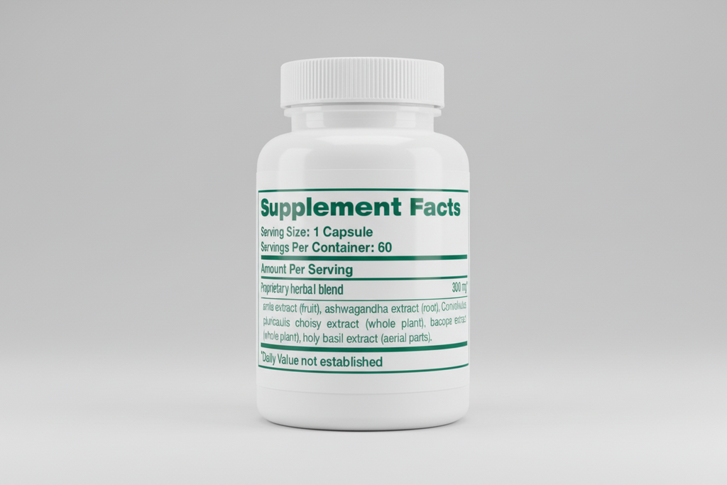 Supplement facts label with herbal blend ingredients on a white background