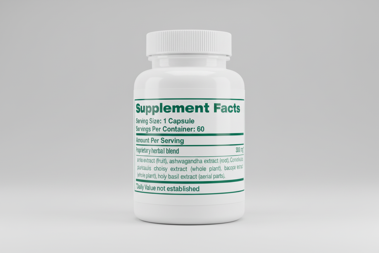 Supplement facts label with herbal blend ingredients on a white background