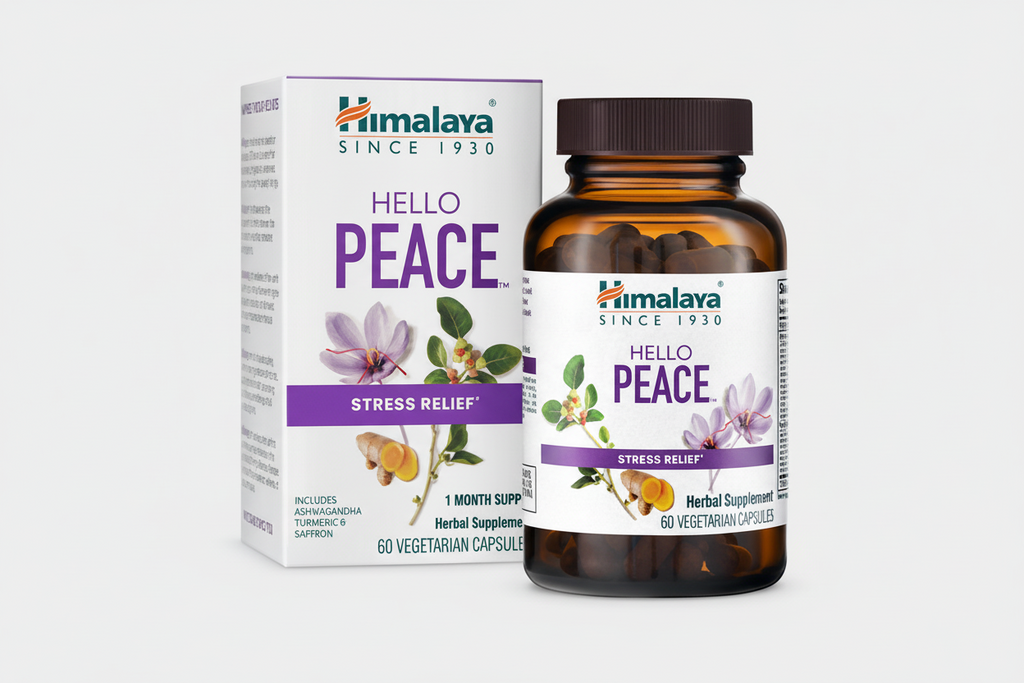 Himalaya 'Hello Peace' stress relief supplement bottle and packaging on a white background