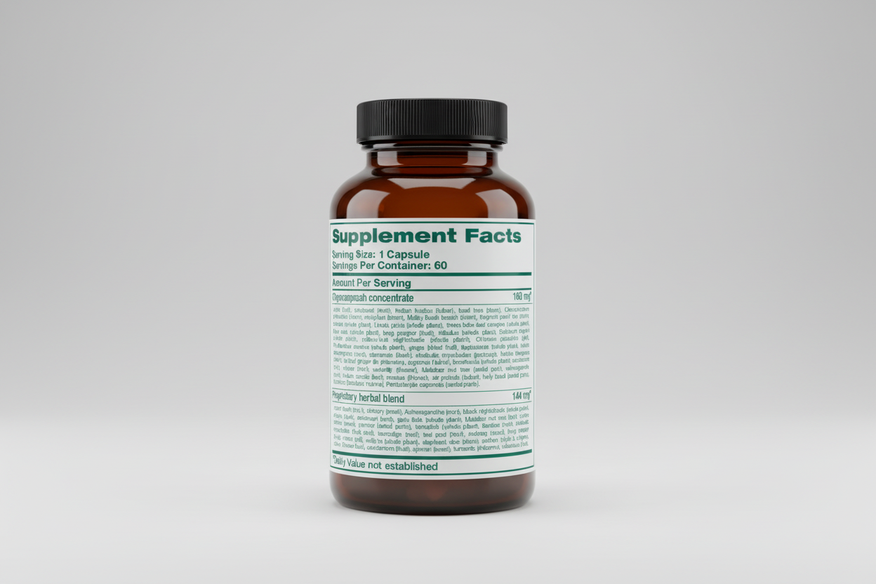 Supplement facts label for a Chyavanprash concentrate capsule with ingredient list.