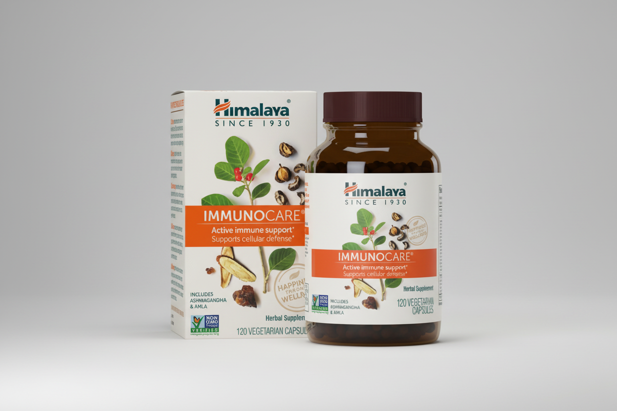 Himalaya Immunocare supplement bottle and packaging on a white background