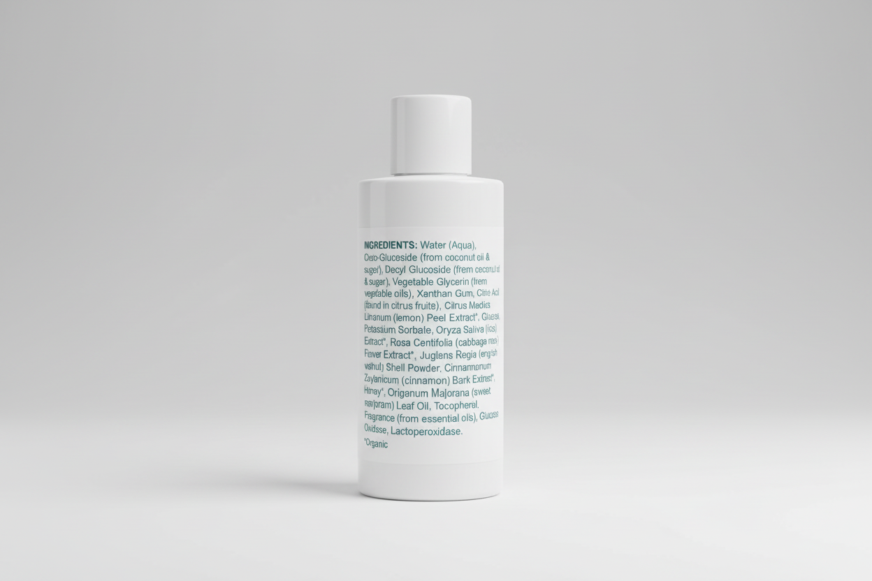 List of ingredients for a cosmetic product on a white background