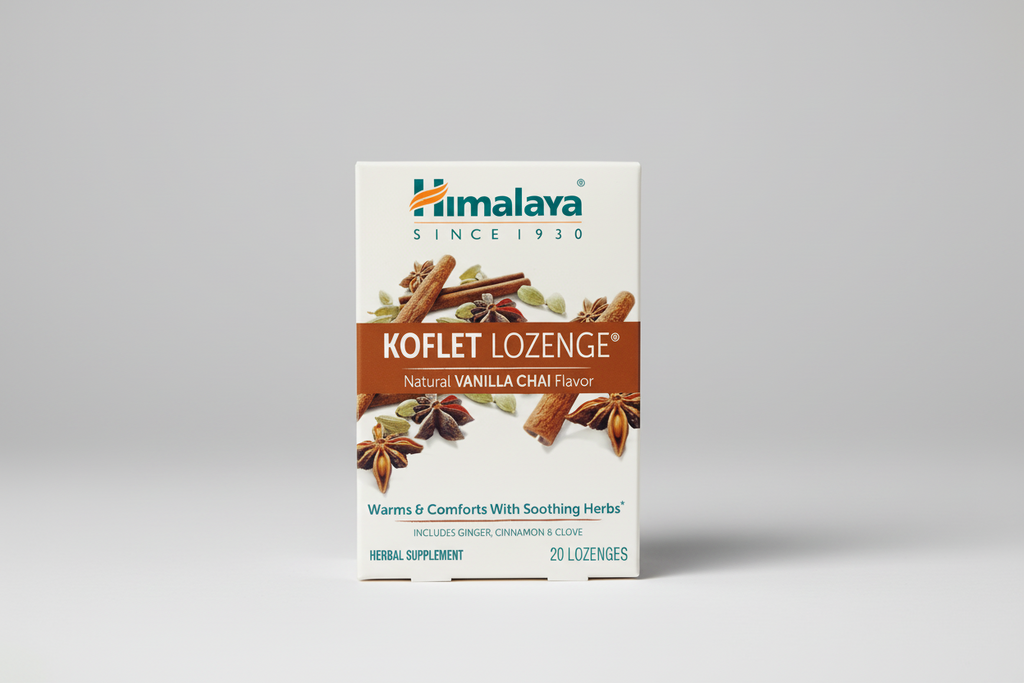 Himalaya Koflet Lozenge packaging with vanilla chai flavor on a white background