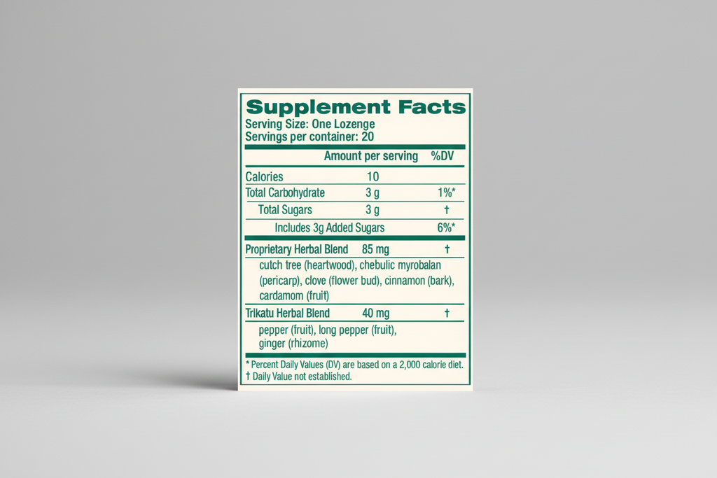 Supplement facts label for a lozenge with herbal ingredients