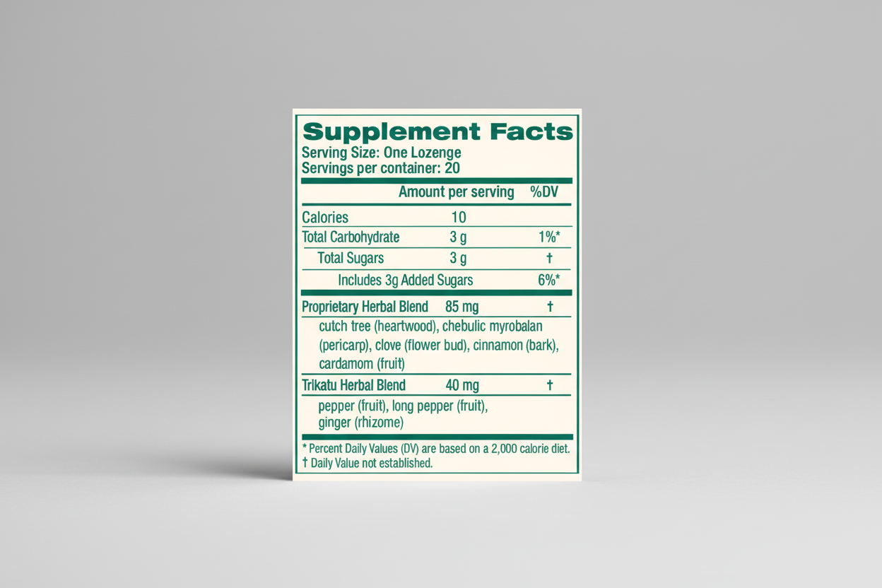 Supplement facts label for a lozenge with herbal ingredients