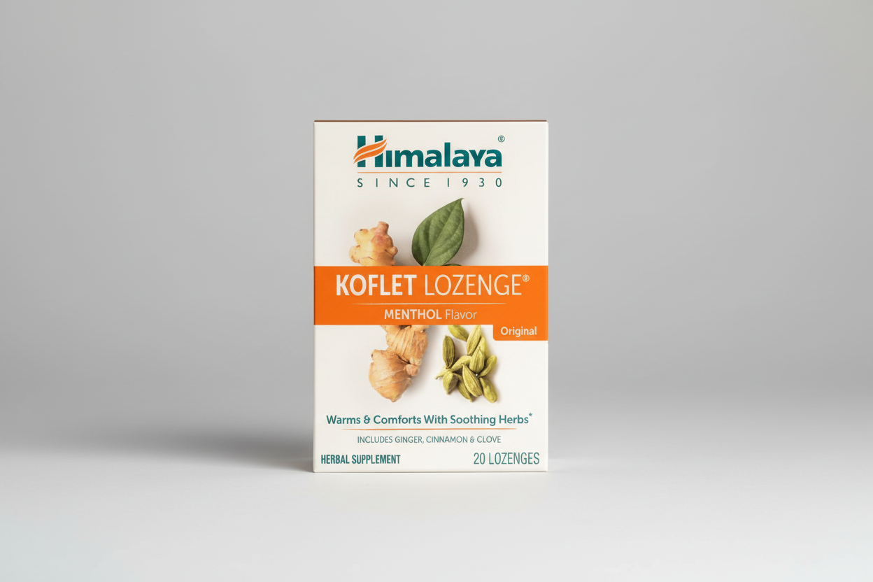 Himalaya Koflet Lozenge packaging with ginger, cinnamon, and clove on a white background