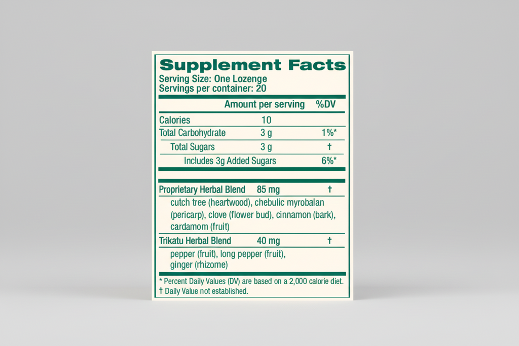 Supplement facts label for a lozenge with herbal ingredients