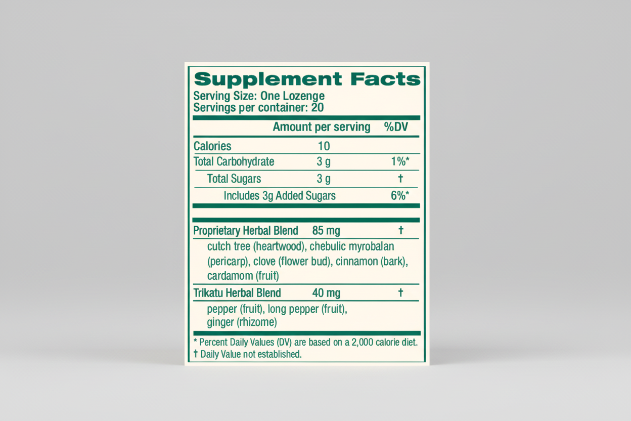 Supplement facts label for a lozenge with herbal ingredients