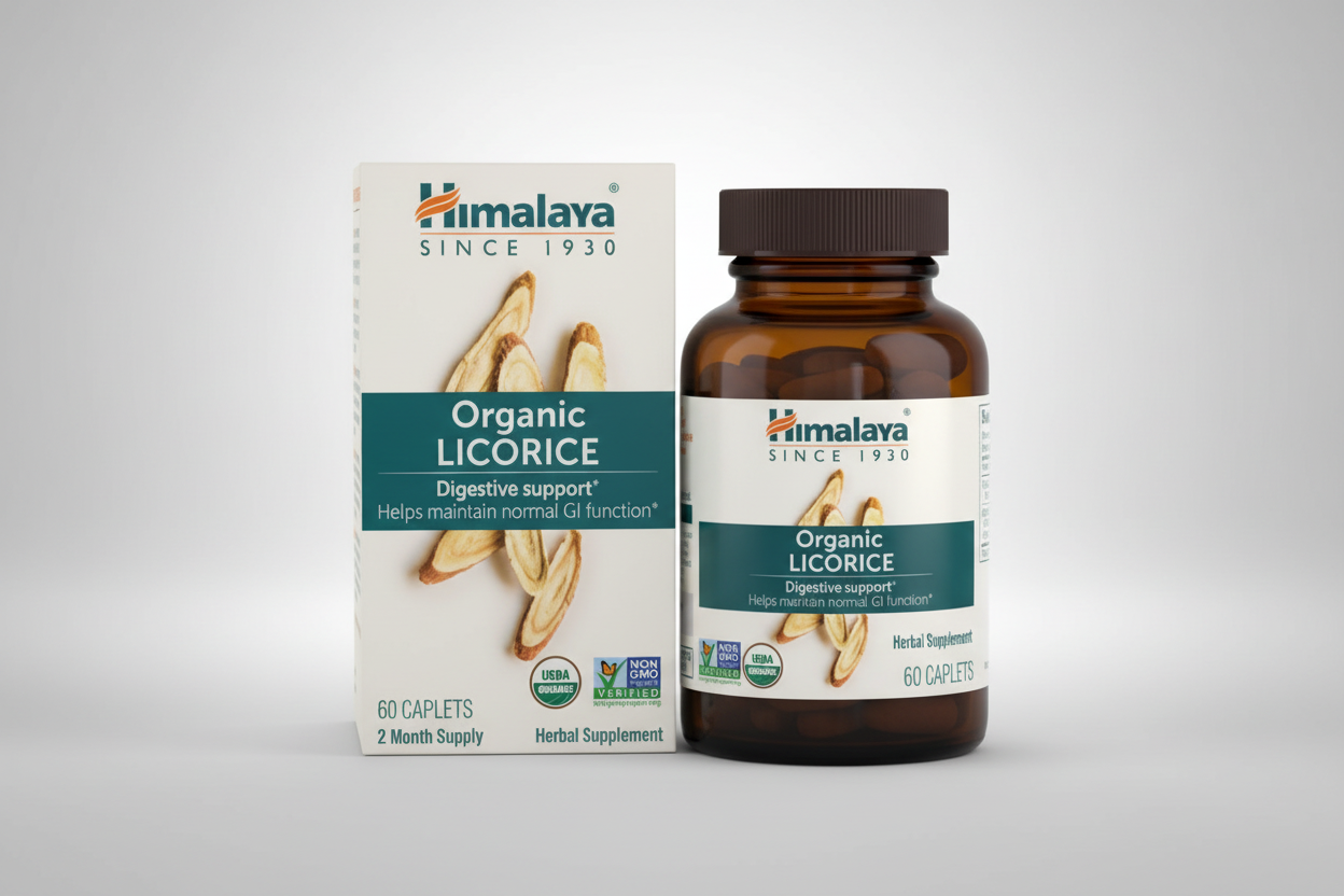 Himalaya Organic Licorice supplement bottle and packaging on a white background