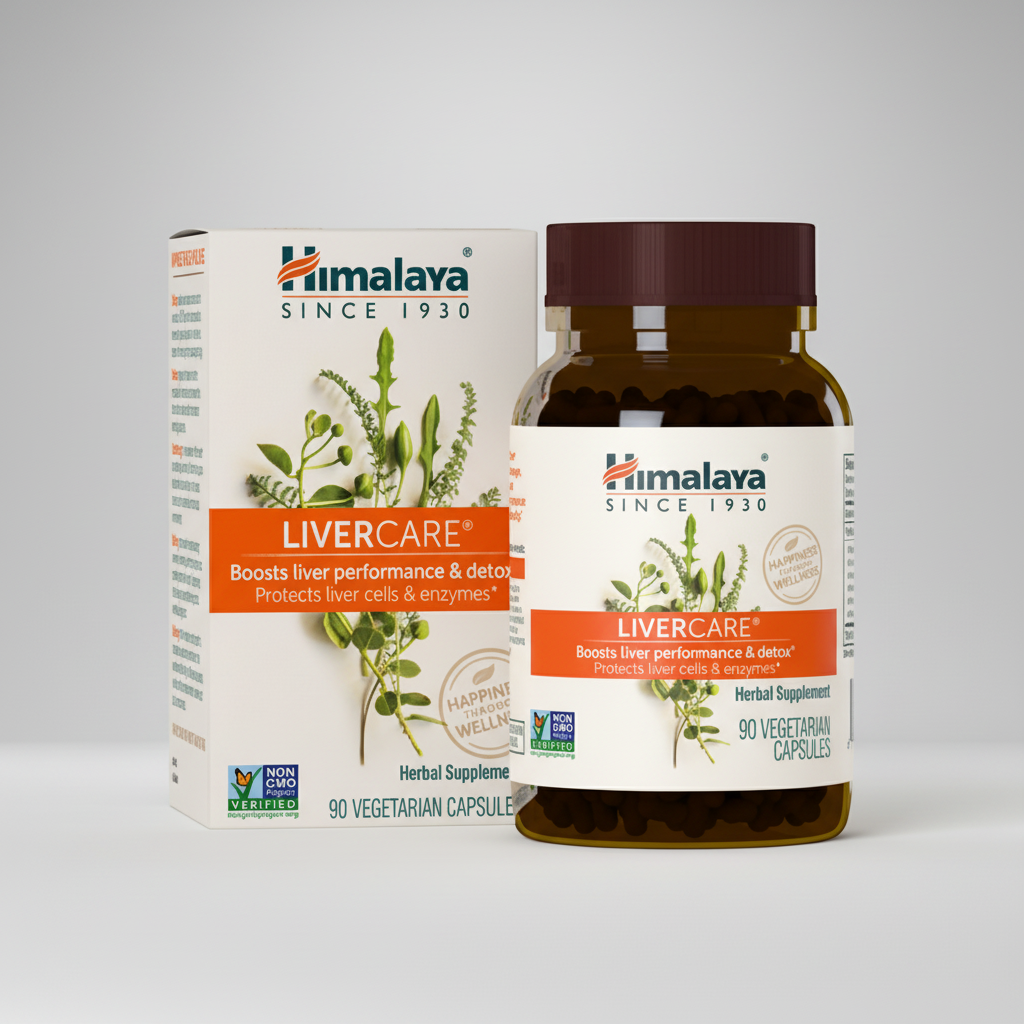 Himalaya LiverCare supplement bottle and packaging on a white background