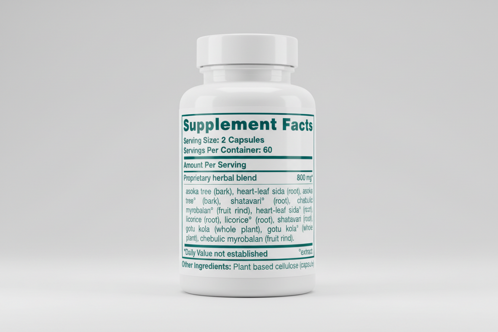 Supplement facts label with proprietary herbal blend details on a white background